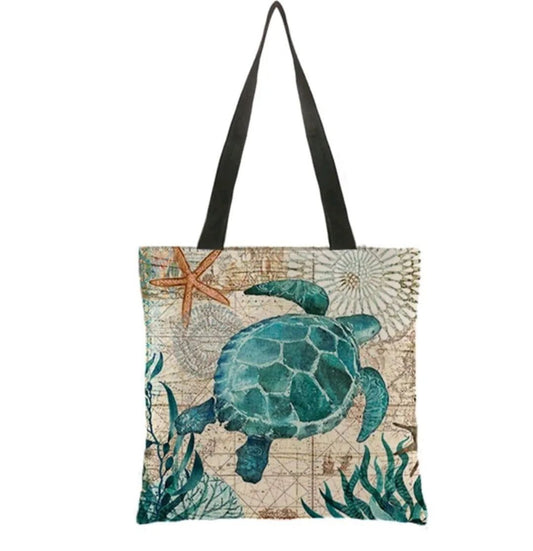 Tina Turtle Print Canvas Tote Bag